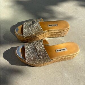 Miu Miu Gold Glitter Espadrille Platform Slides